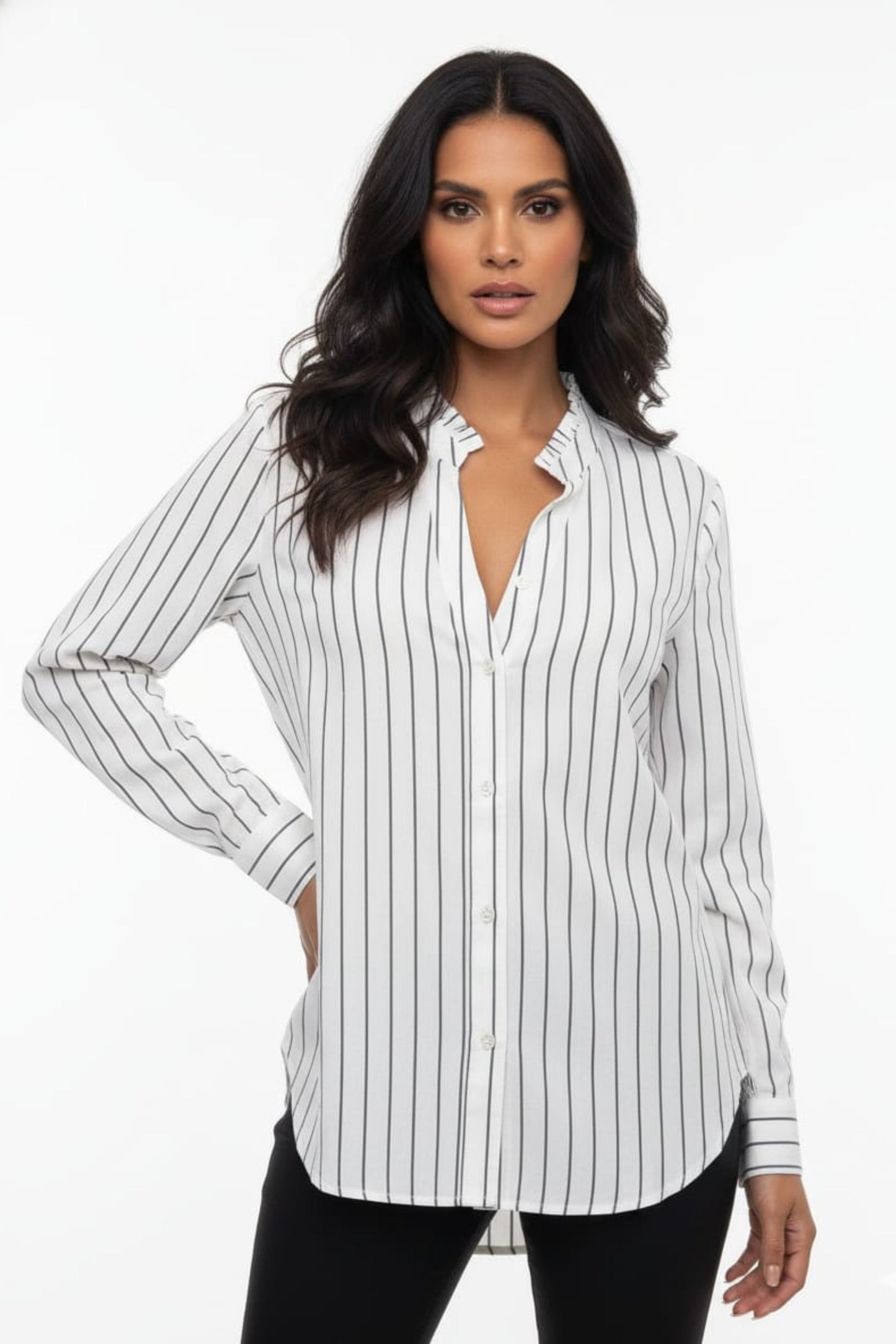 Amour Vert Pierre Stripe Button Down Tailored Blouse