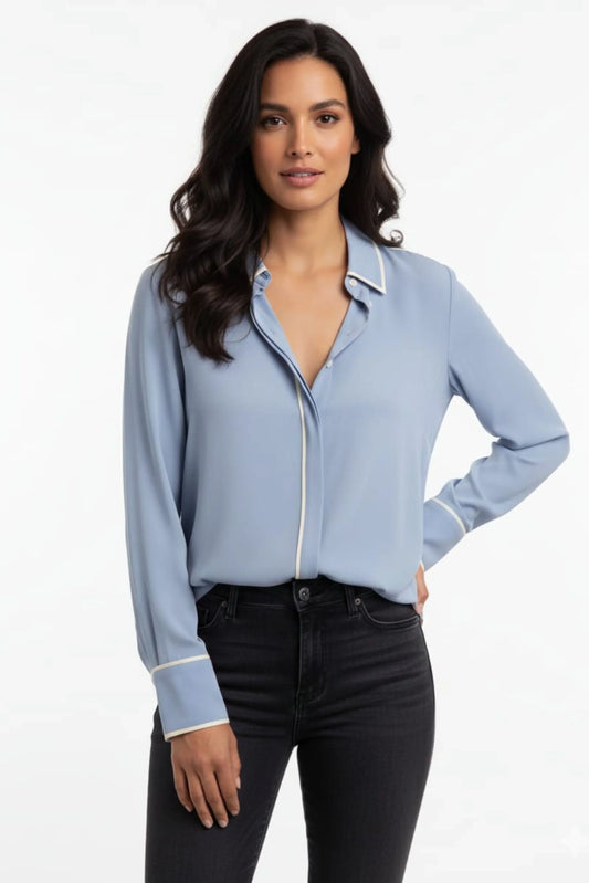 Amour Vert Sloane Contrast Piping Long Sleeve Blouse