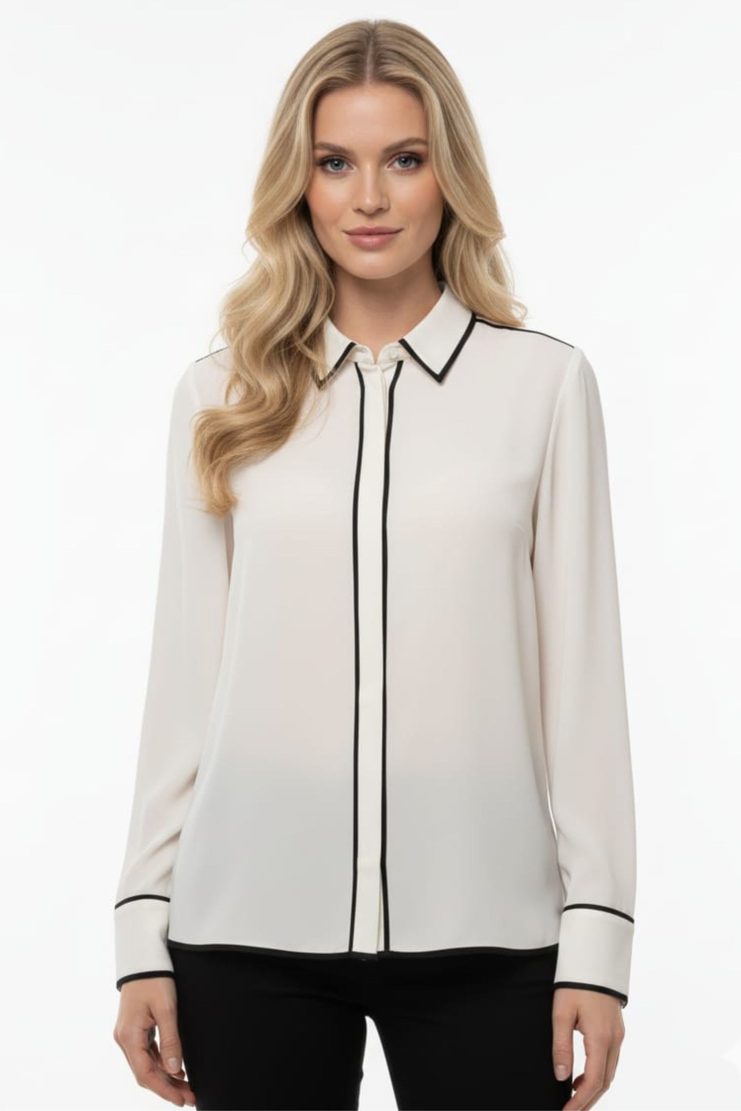 Amour Vert Sloane Contrast Piping Long Sleeve Blouse