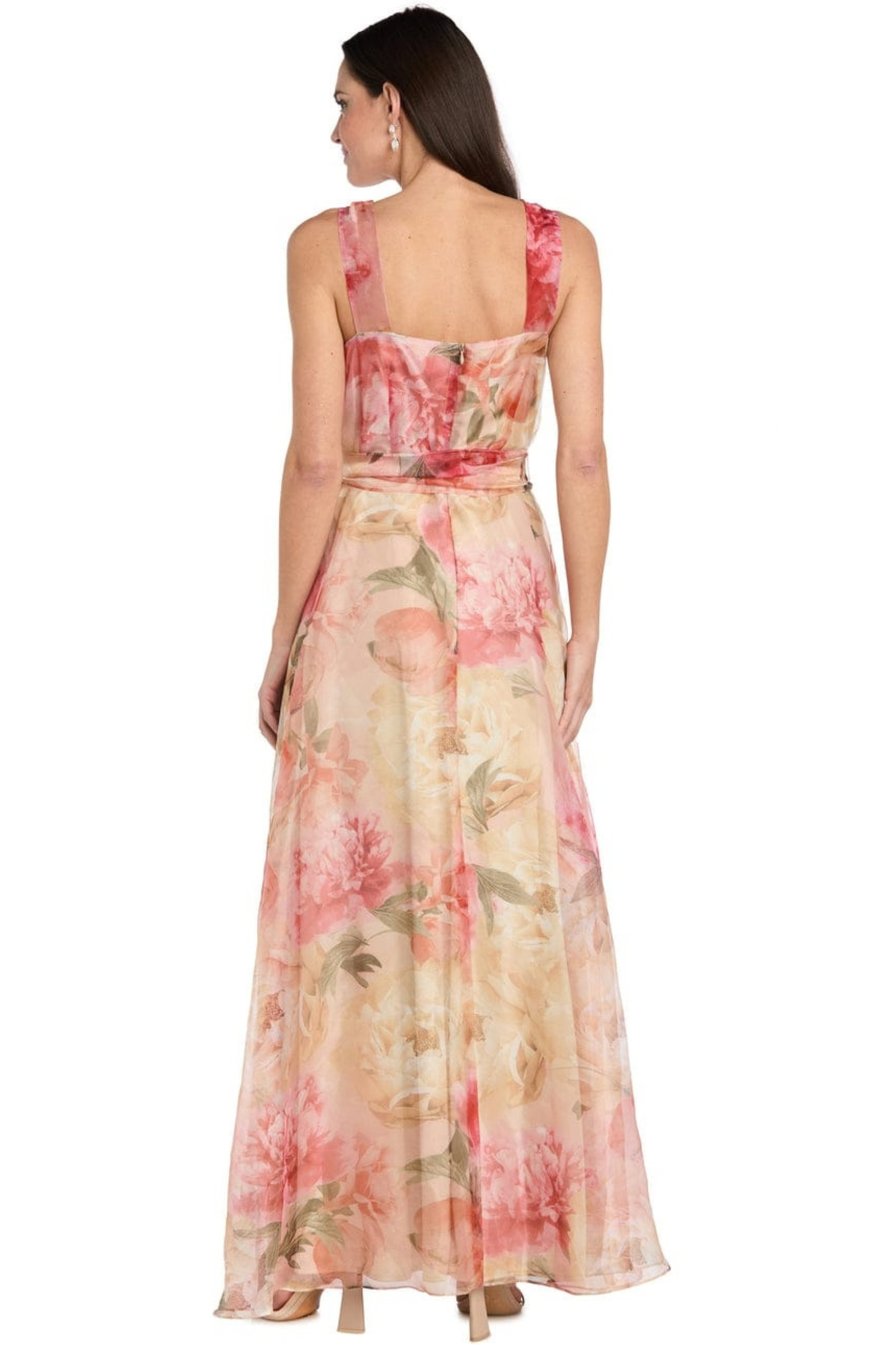 R&M Richards Peach Coral Floral Organza Ruffled A-Line Maxi Dress