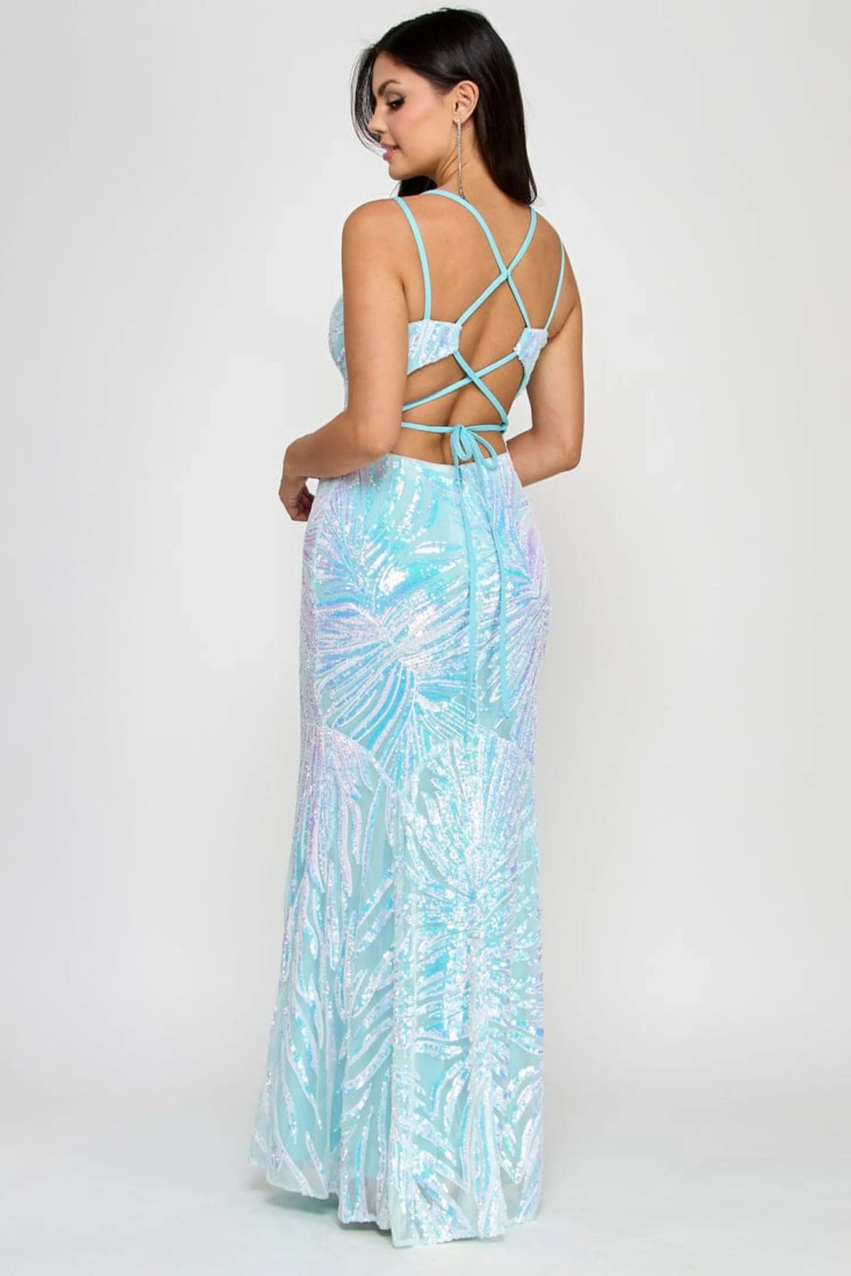 Morgan & Co Baby Blue Iridescent Sequin Evening Gown