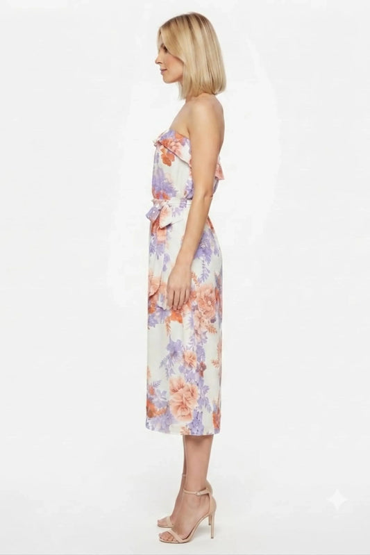 Vivid Floral Belted A-Line Strapless Maxi Dress