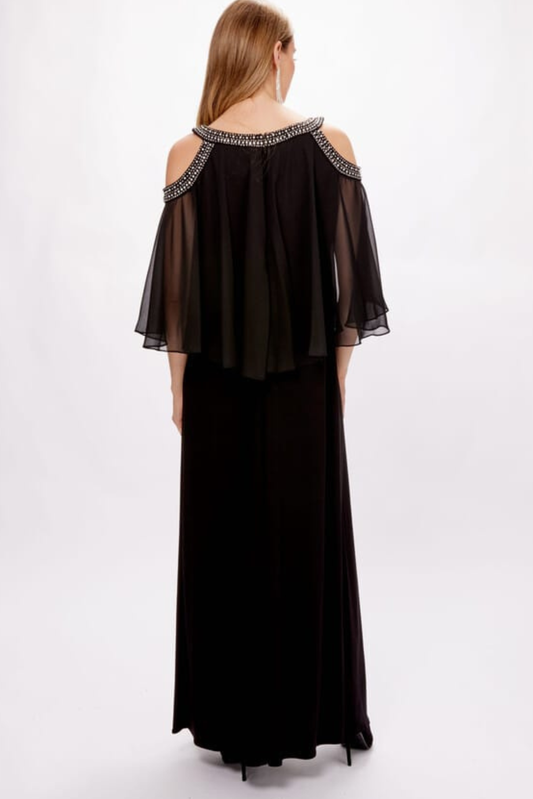 Alex Evenings Black Cold-Shoulder Rhinestone Popover Evening Dress