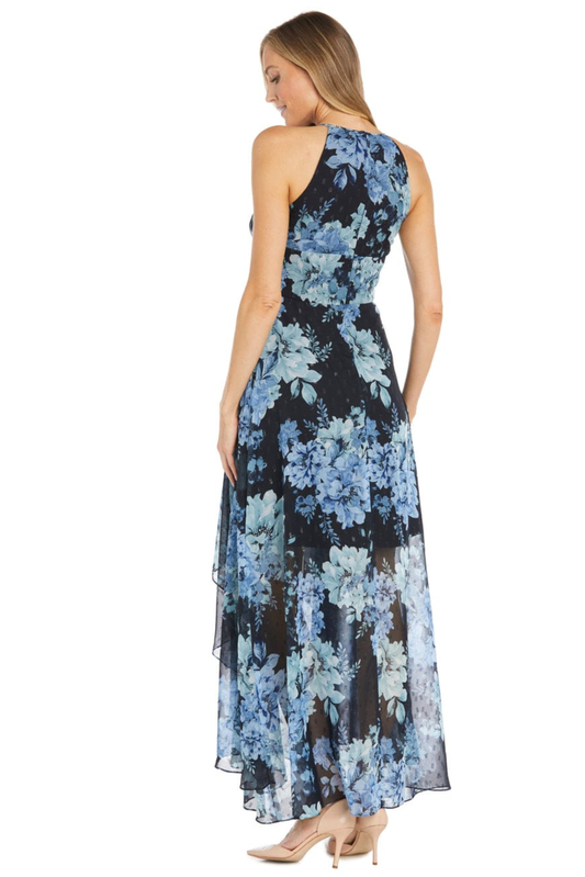 R&M Richards Navy Blue Floral Chiffon Halter Keyhole Maxi Dress