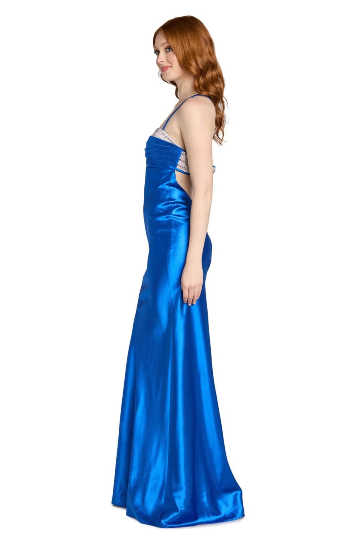 Morgan & Co Azure Blue Rhinestone Trim Satin Evening Gown