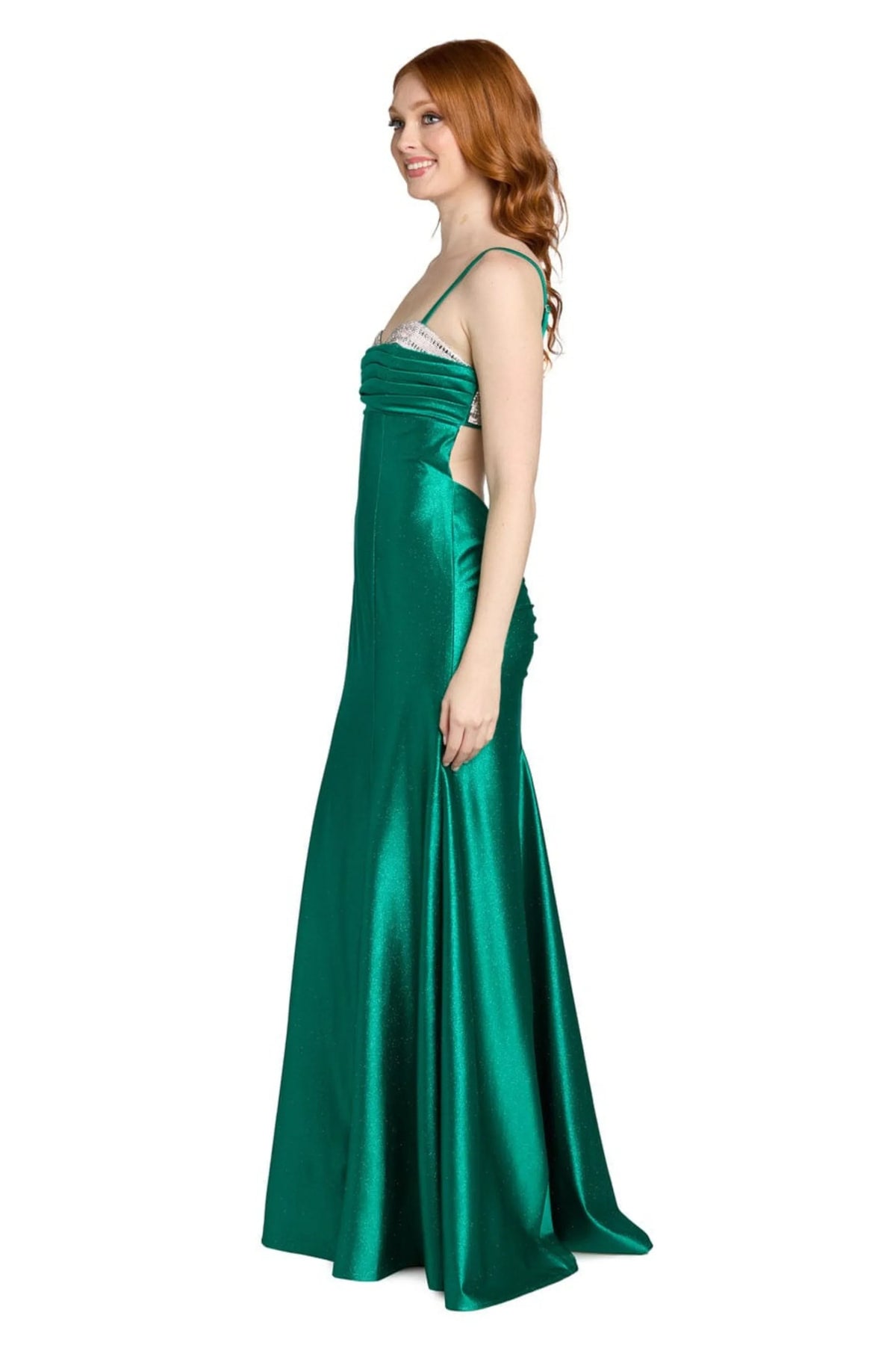 Morgan & Co Emerald Silver Rhinestone Trim Evening Gown