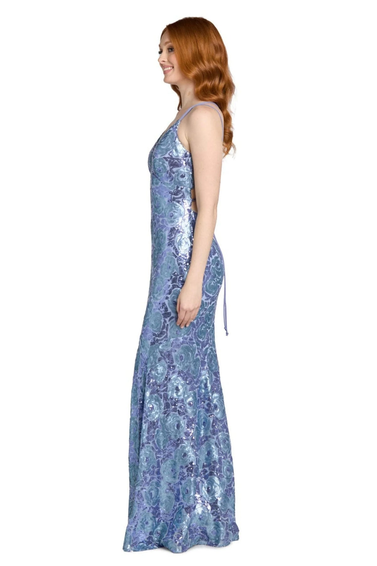 Morgan & Co Periwinkle Floral Sequin Mermaid Evening Gown