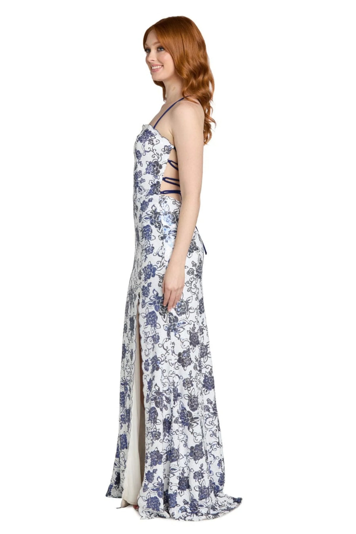 Morgan & Co Royal White Embroidered Floral Slit Evening Gown