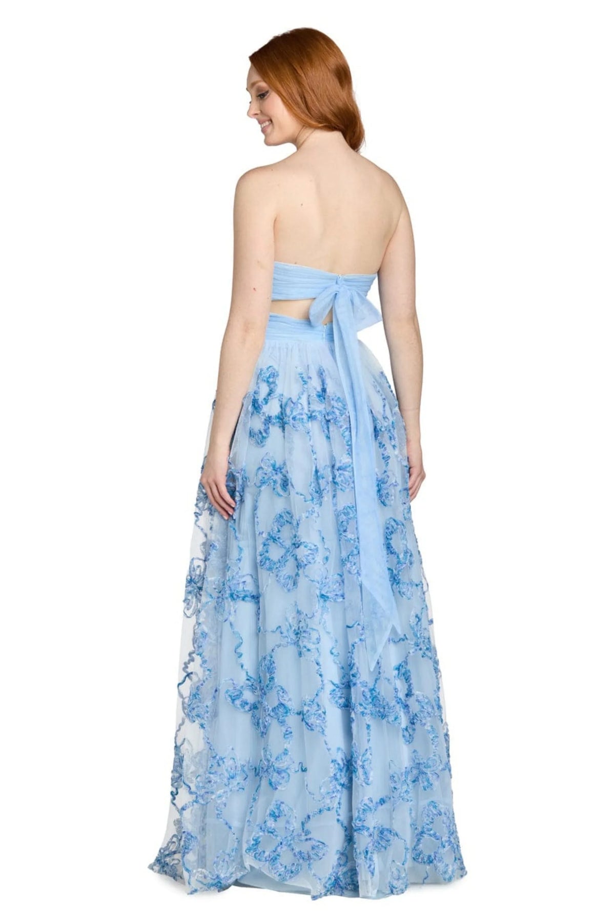 Morgan & Co Light Blue Strapless Floral Ruffle Evening Gown