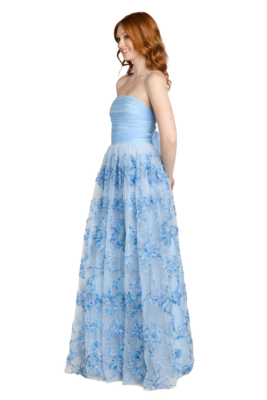 Morgan & Co Light Blue Strapless Floral Ruffle Evening Gown