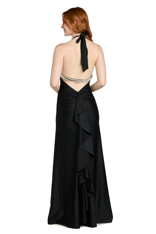 Morgan & Co Black Pearl Halter Keyhole Evening Gown