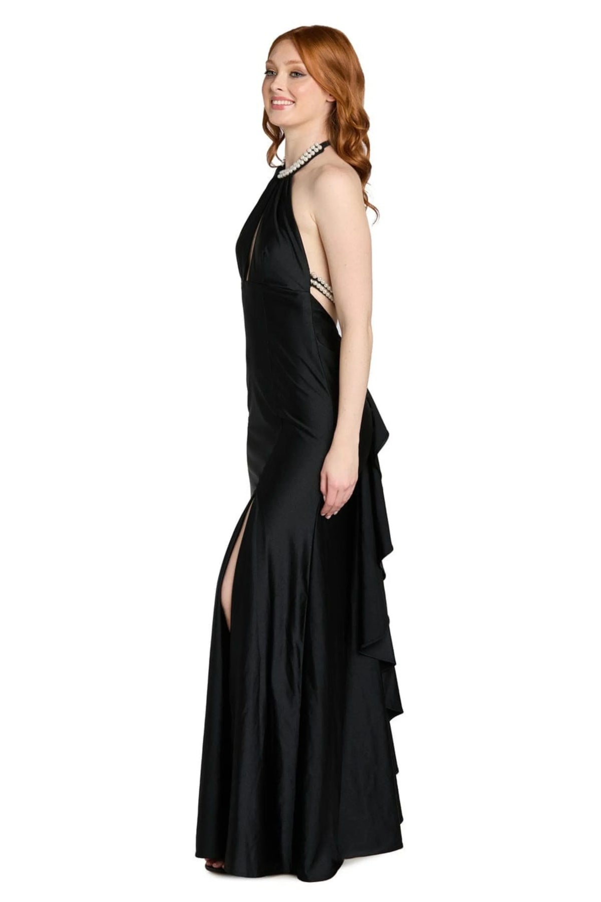 Morgan & Co Black Pearl Halter Keyhole Evening Gown