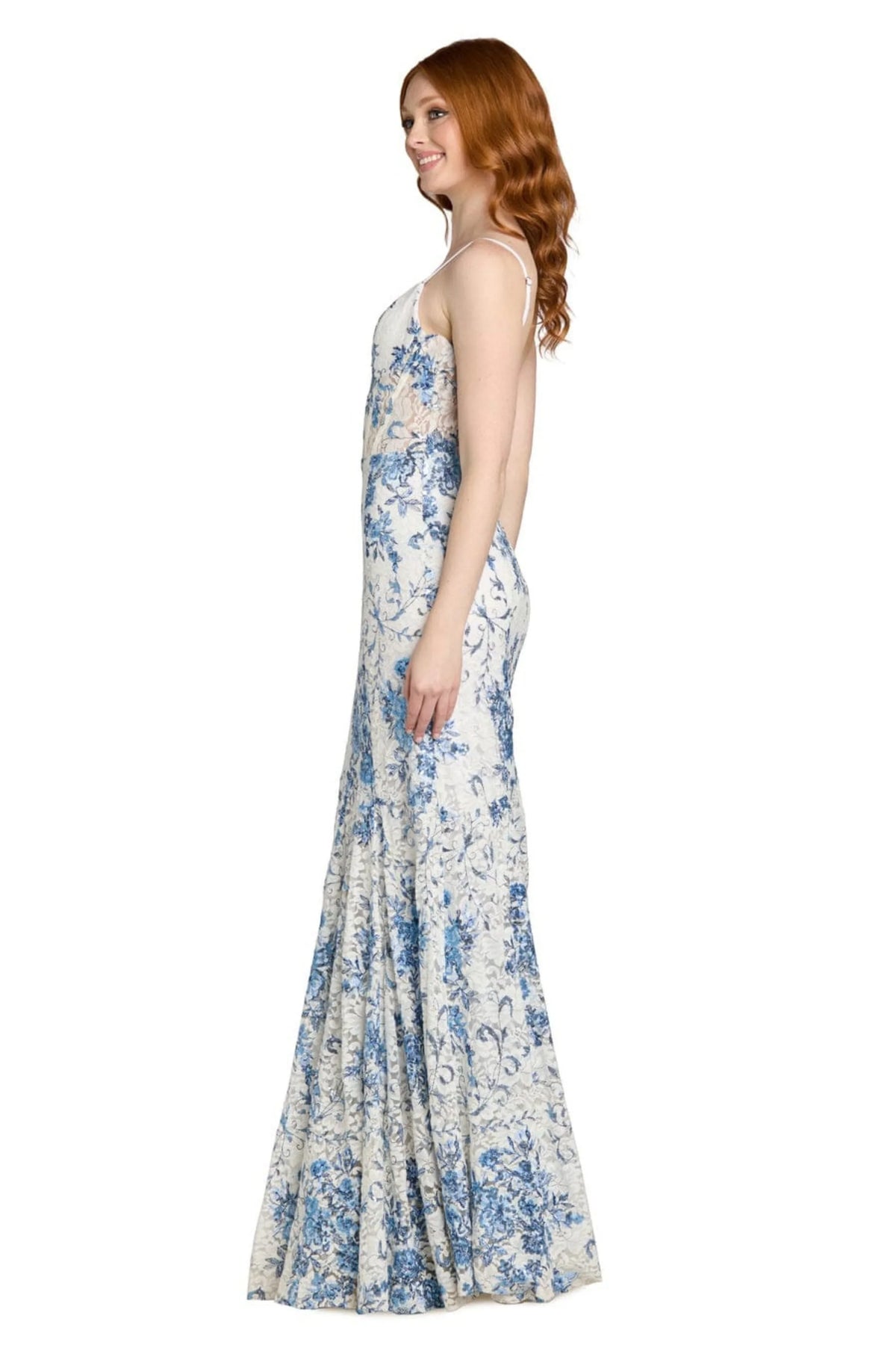 Morgan & Co White Blue Floral Lace Illusion Corset Evening Gown