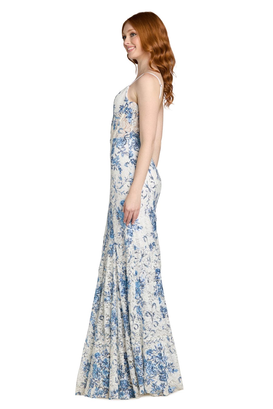 Morgan & Co White Blue Floral Lace Illusion Corset Evening Gown