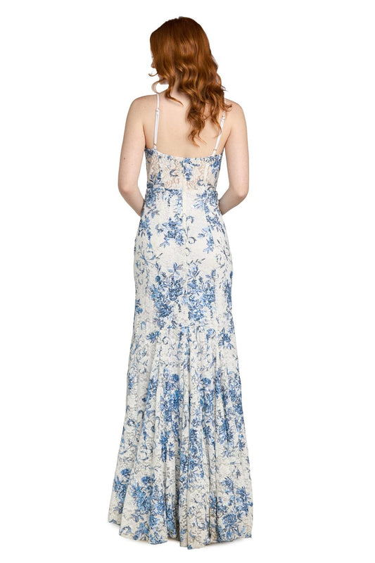 Morgan & Co White Blue Floral Lace Illusion Corset Evening Gown