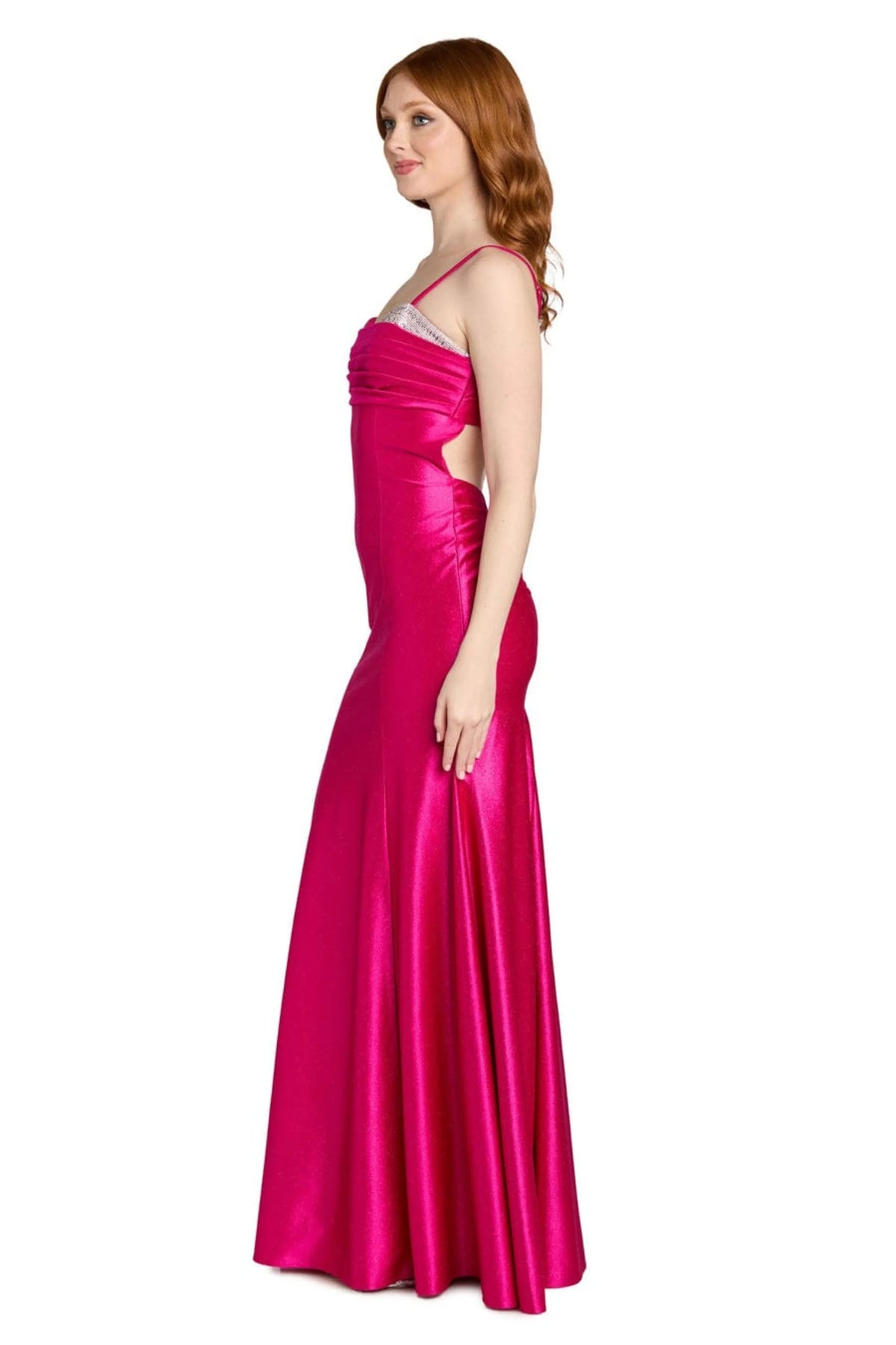Morgan & Co Fuchsia Pink Rhinestone Trim Satin Evening Gown