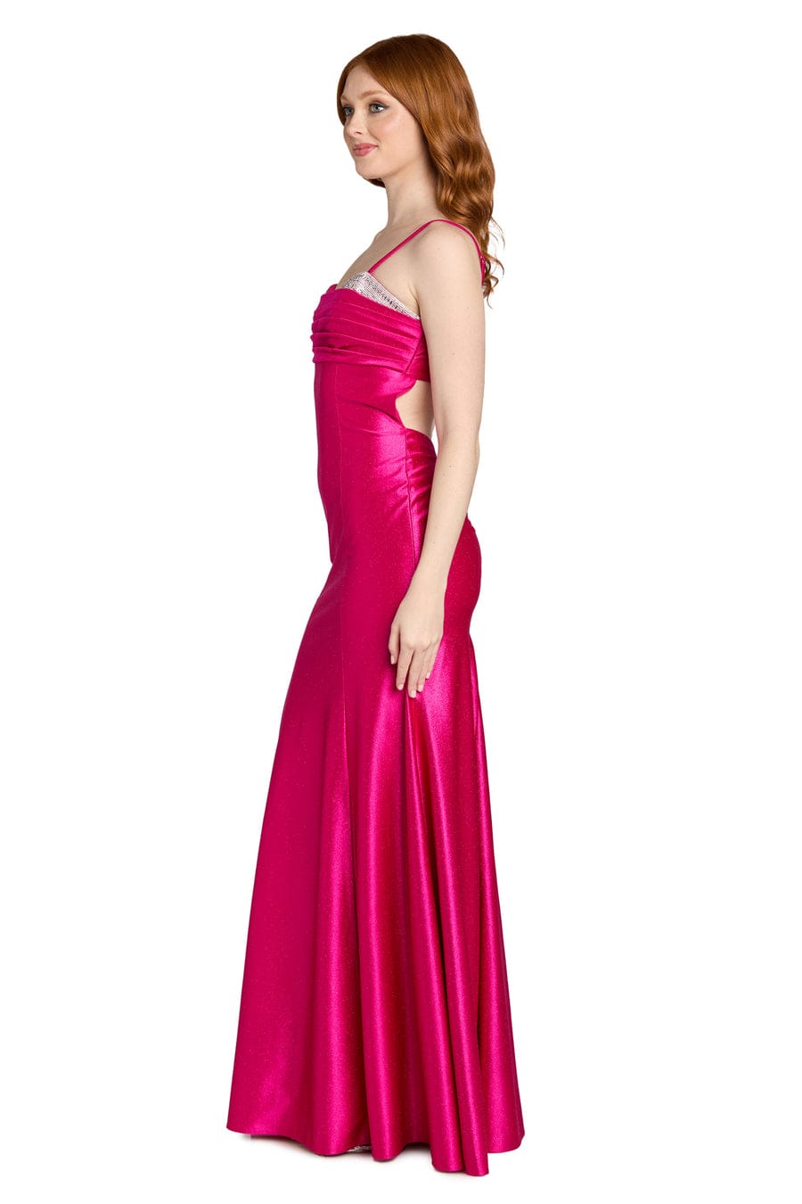 Morgan & Co Fuchsia Pink Rhinestone Trim Satin Evening Gown