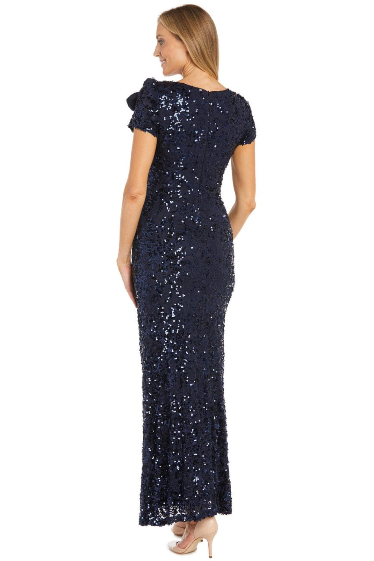 R&M Richards Navy Sequin Lace Shoulder-Detail Evening Dress