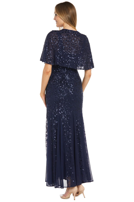 R&M Richards Navy Sequin Capelet Evening Dress