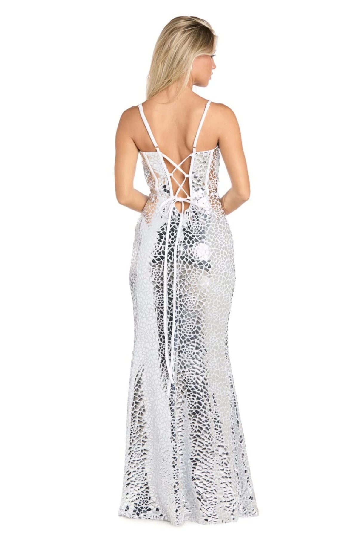 Morgan & Co White Silver Sequin Illusion Corset Evening Gown