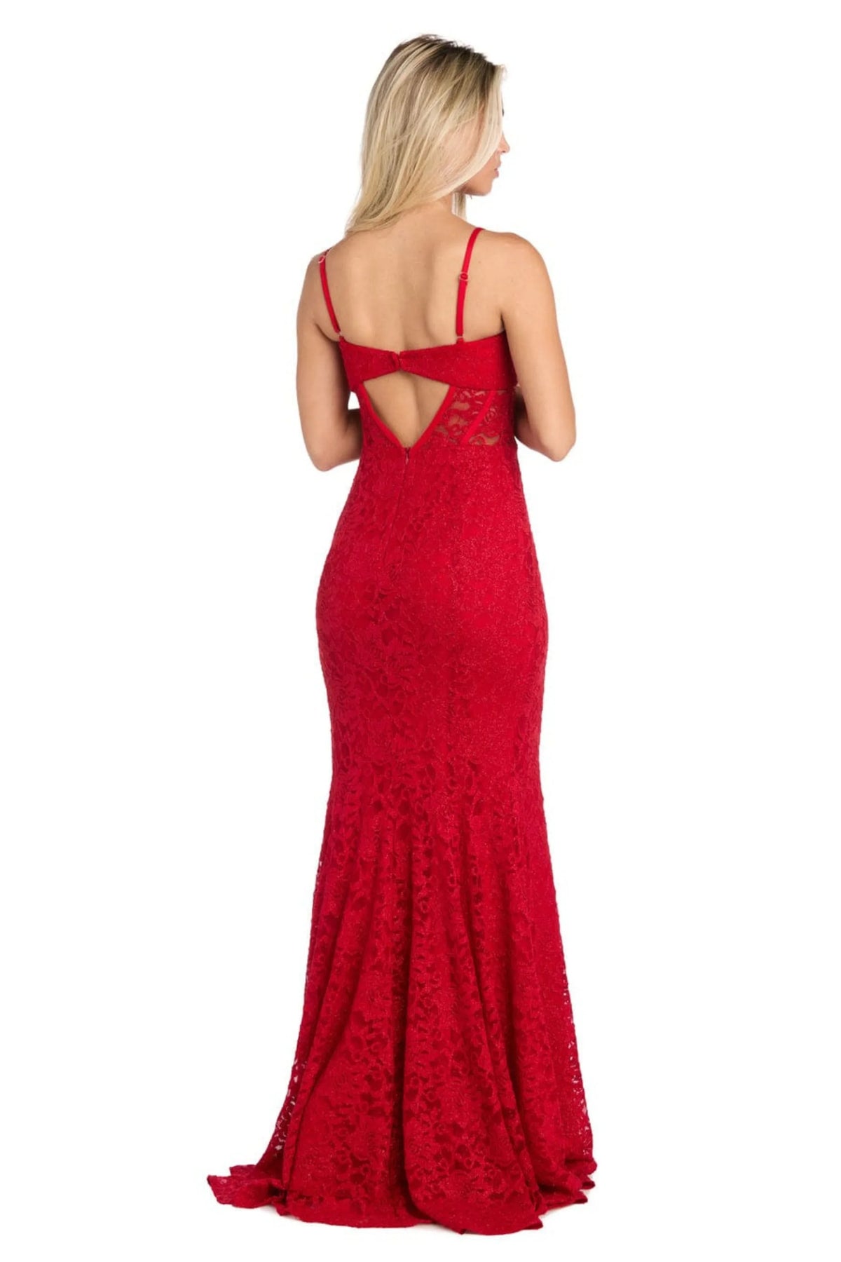 Morgan & Co Red Lace Illusion Corset Evening Gown