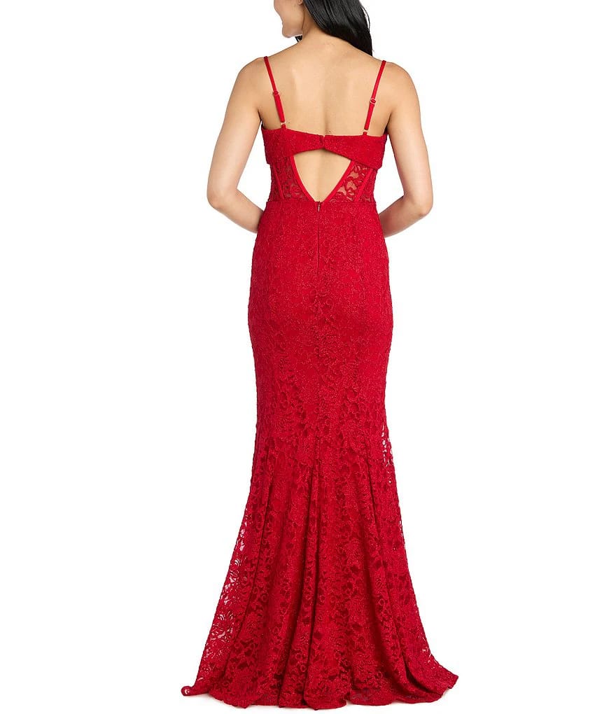 Morgan & Co Red Lace Illusion Corset Evening Gown