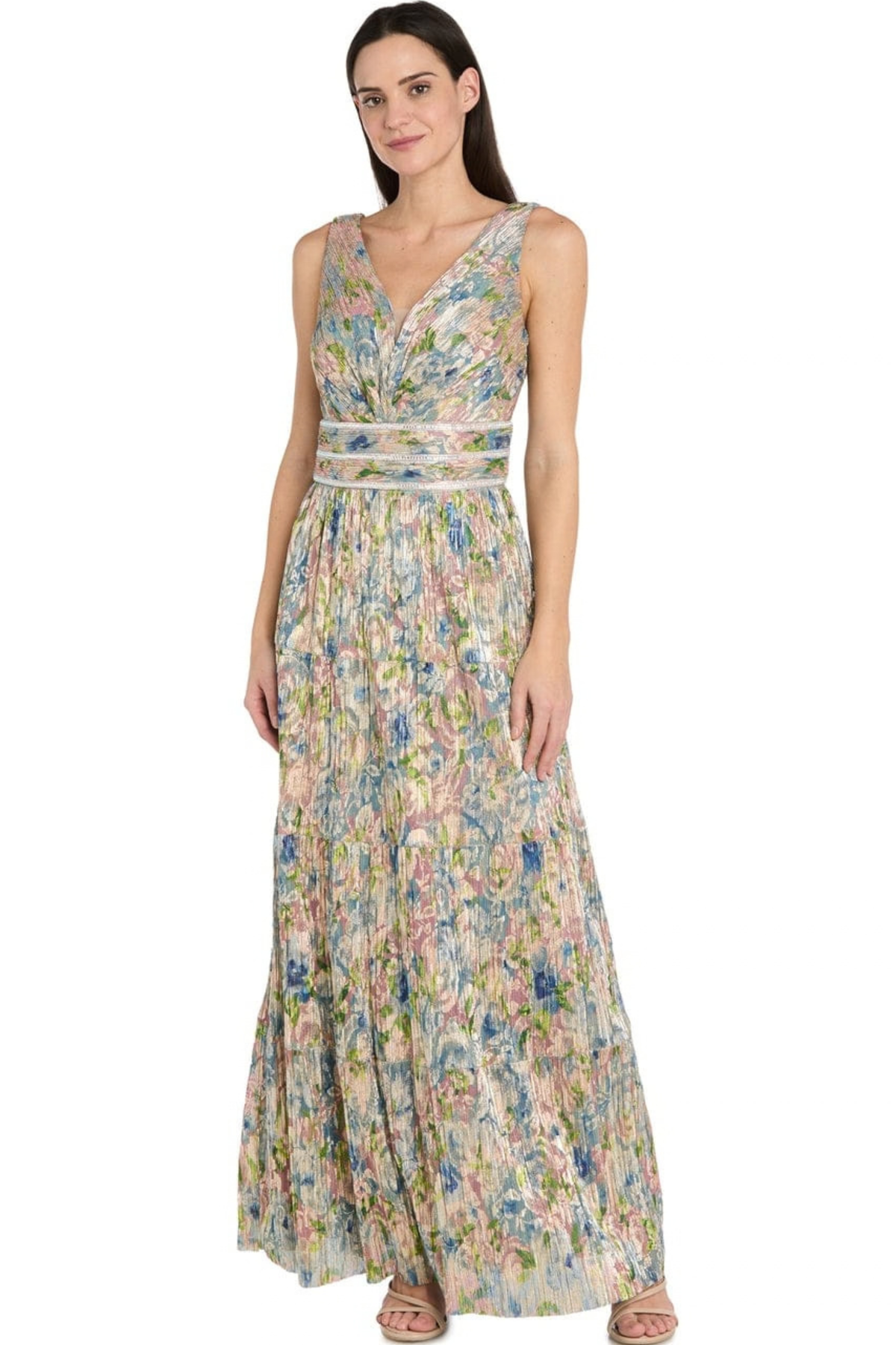 R&M Richards Gold Blue Floral Metallic Plissé Tiered Evening Maxi Dress