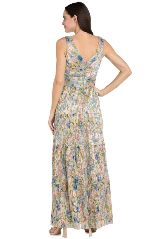 R&M Richards Gold Blue Floral Metallic Plissé Tiered Evening Maxi Dress