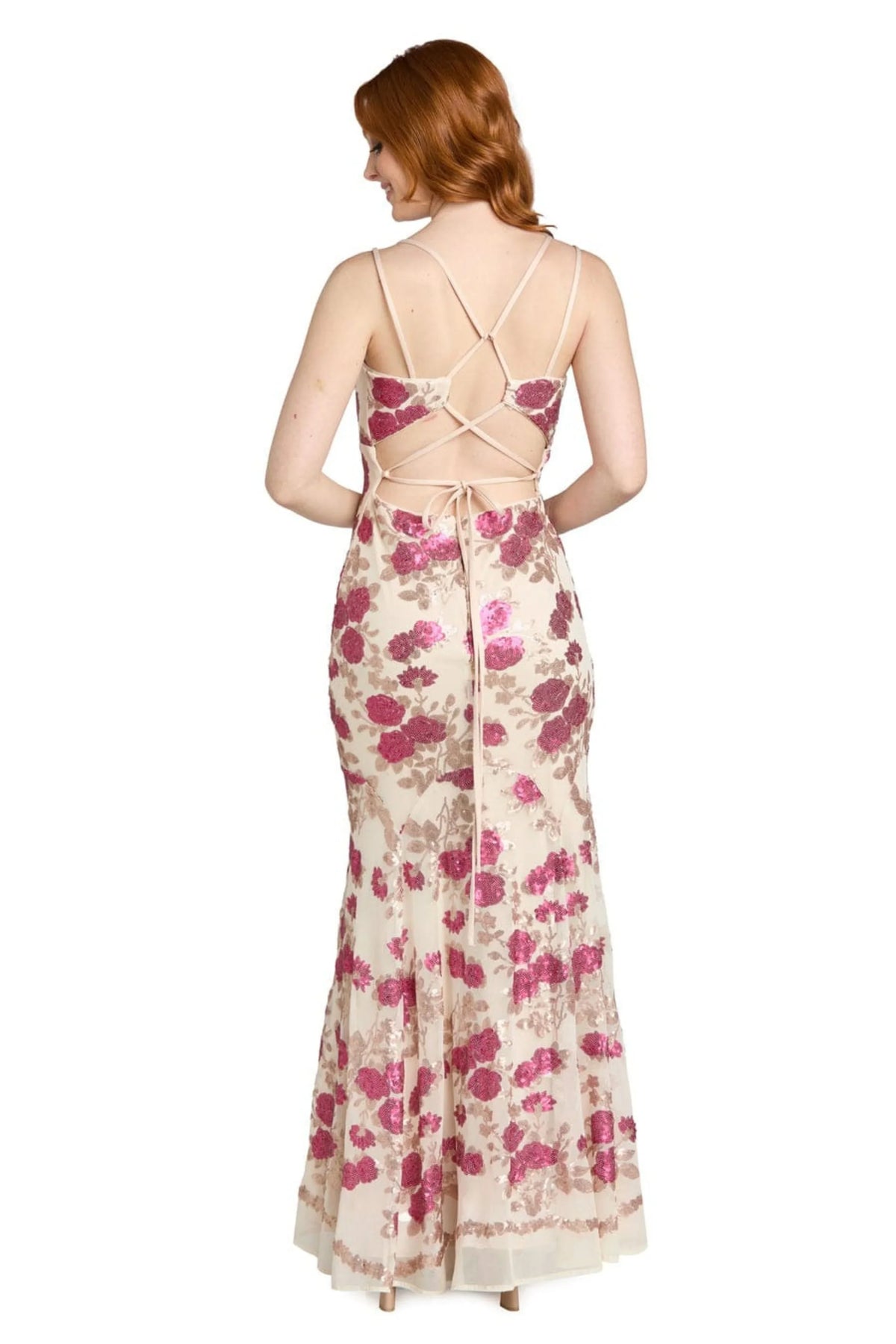Morgan & Co Nude Fuchsia Floral Sequin Mermaid Evening Gown