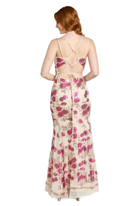 Morgan & Co Nude Fuchsia Floral Sequin Mermaid Evening Gown