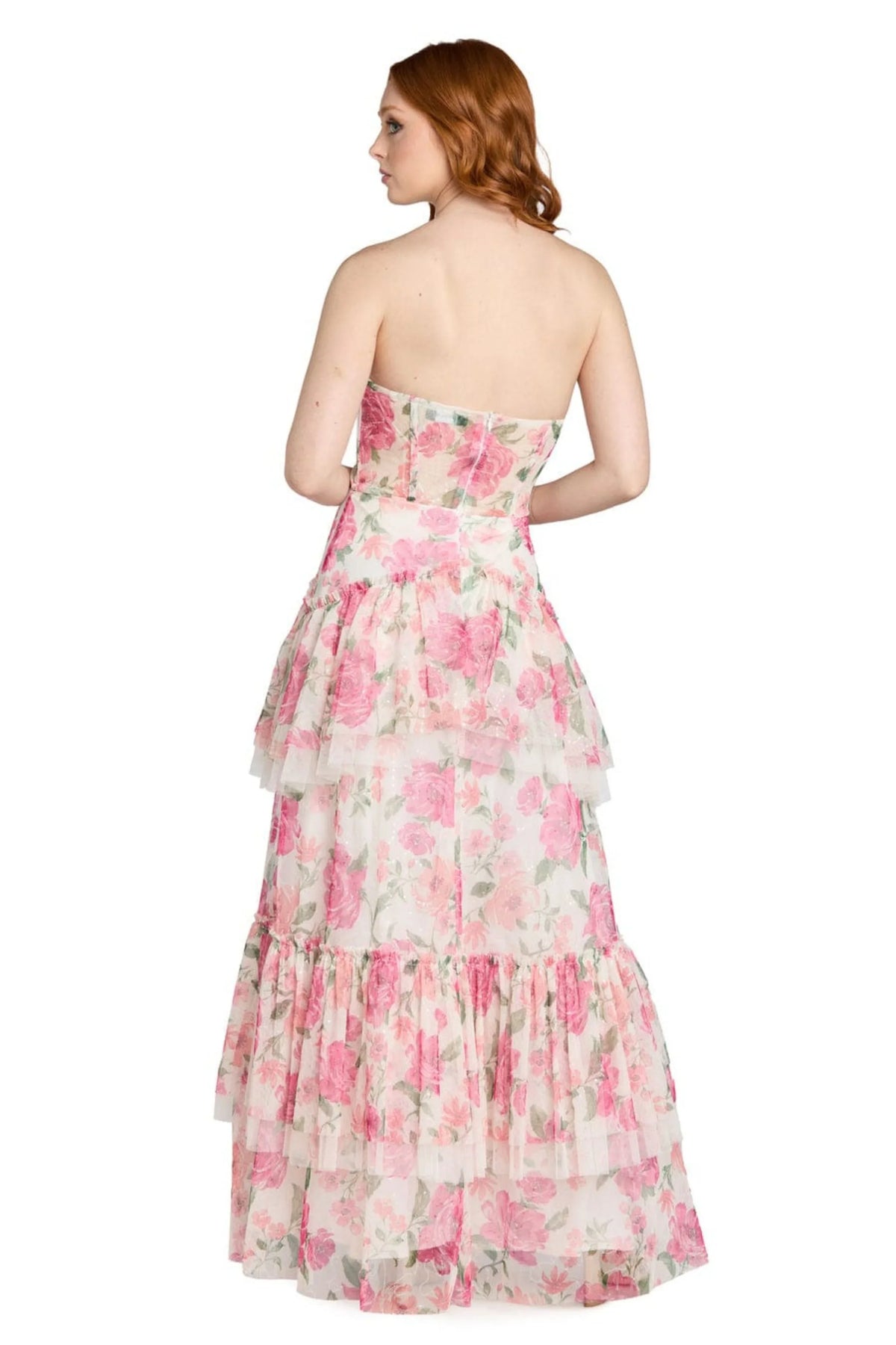 Morgan & Co Ivory Pink Floral Tiered Tulle Evening Dress