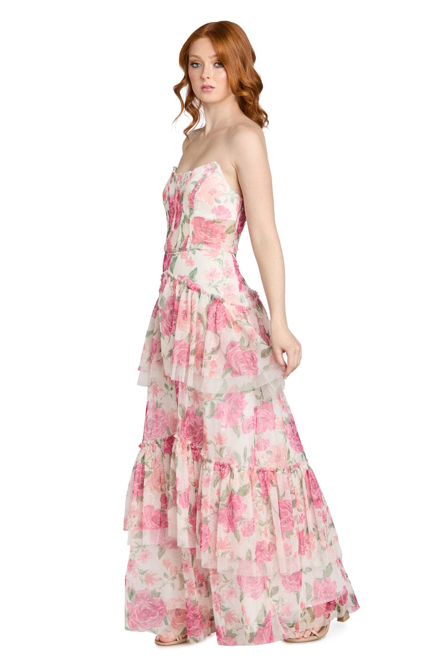 Morgan & Co Ivory Pink Floral Tiered Tulle Evening Dress