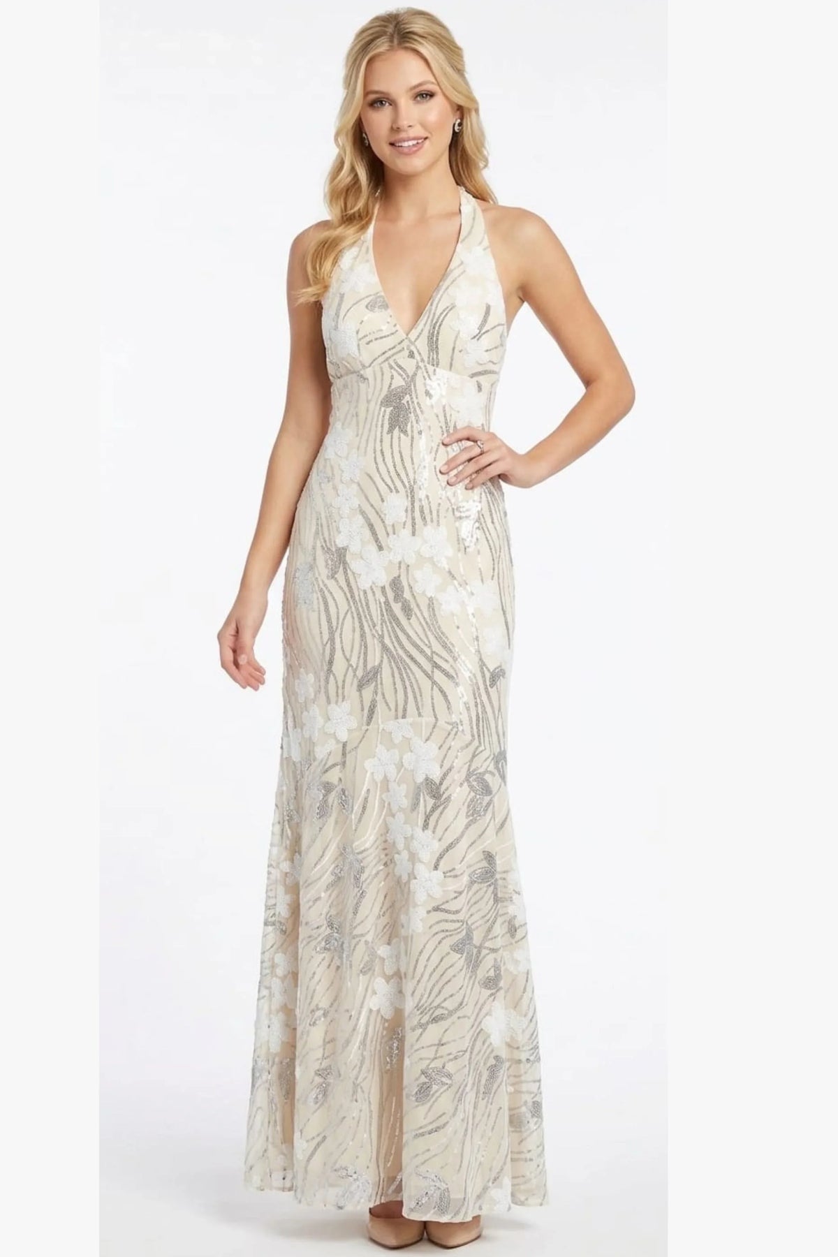 Morgan & Co Champagne Floral Sequin Halter Evening Gown