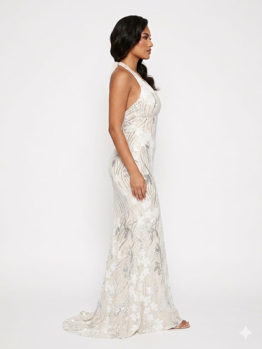 Morgan & Co Champagne Floral Sequin Halter Evening Gown