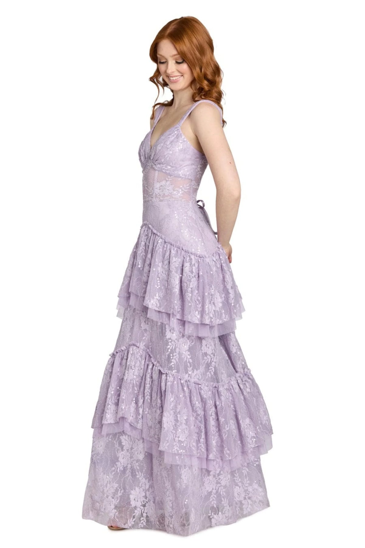 Morgan & Co French Lace Tiered Tulle Evening Gown