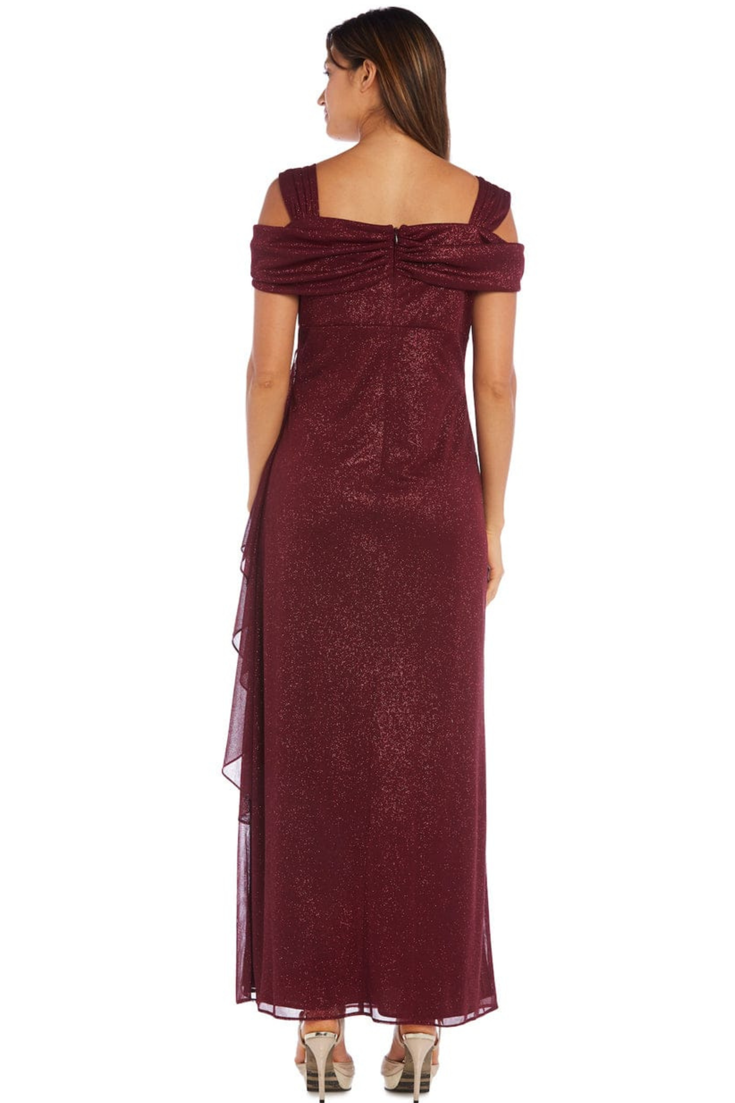 R&M Richards Metallic Shimmer Cold-Shoulder Evening Dress