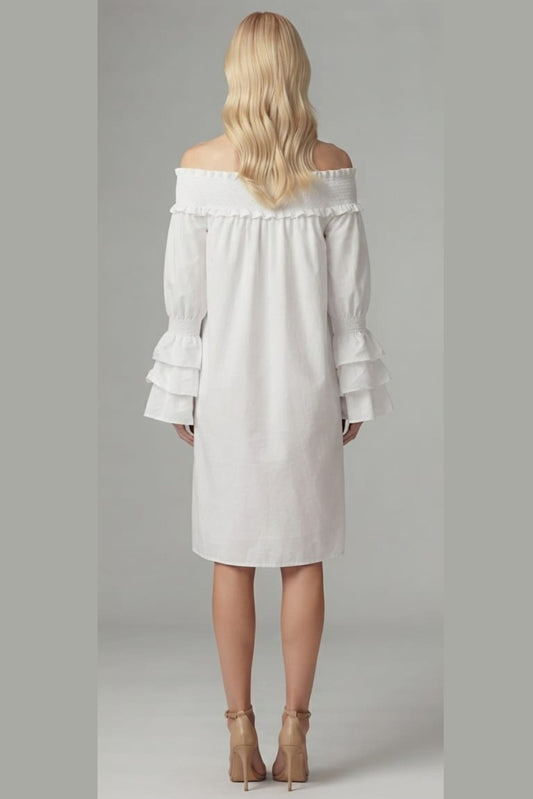 Vivid Tiered Sleeve Smocked Off the Shoulder Dress