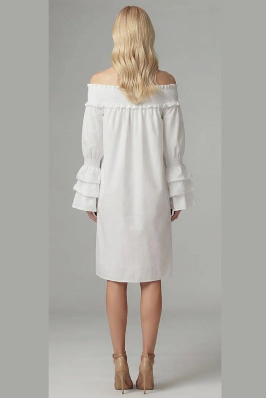 Vivid Tiered Sleeve Smocked Off the Shoulder Dress