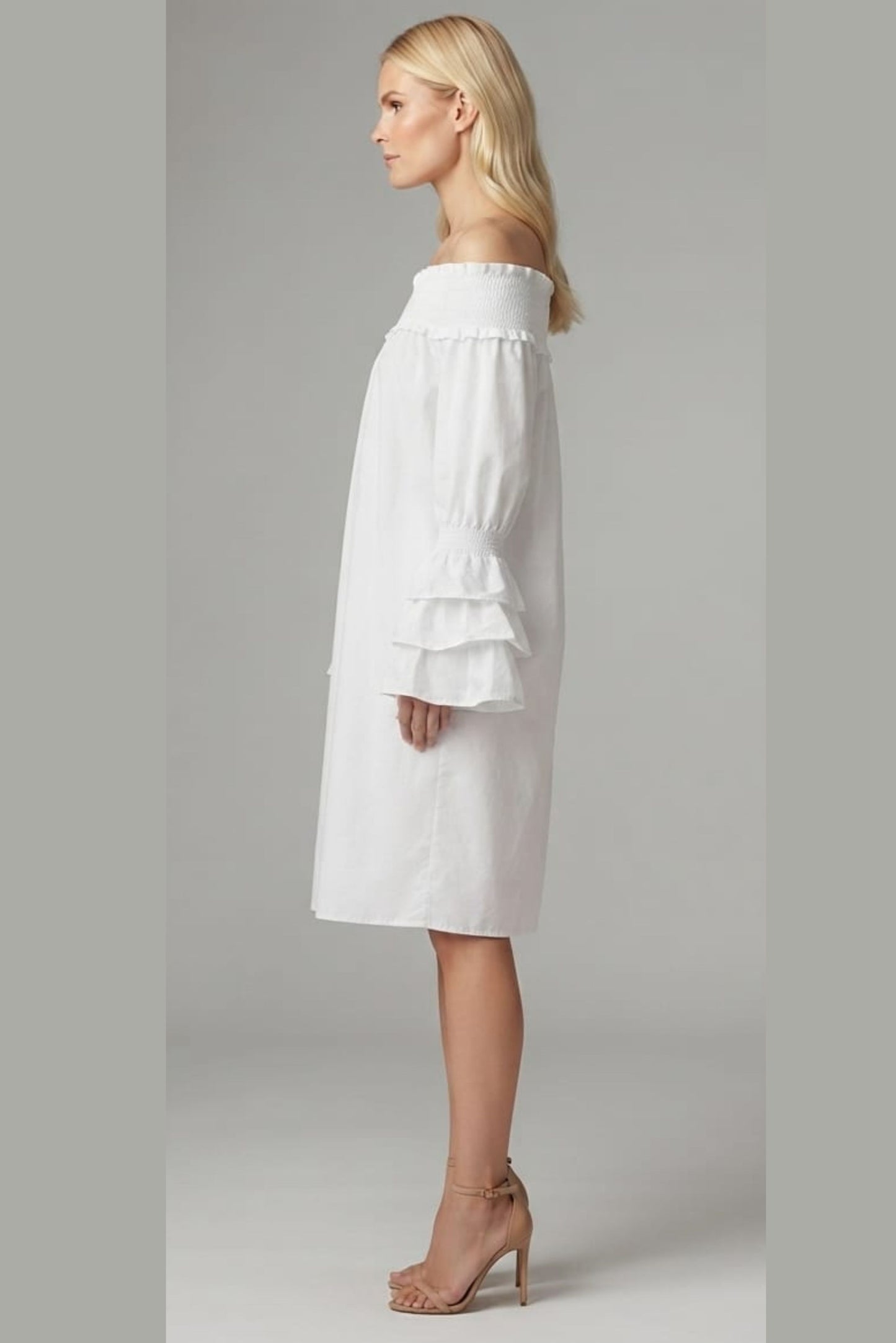 Vivid Tiered Sleeve Smocked Off the Shoulder Dress
