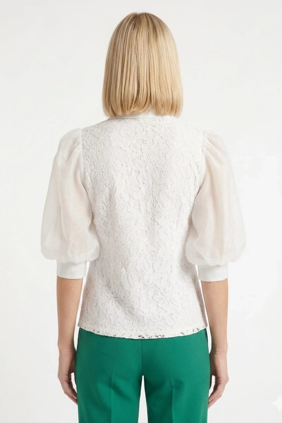 VIVID Ivory Lace Button-Down Top with Organza Puff Sleeves