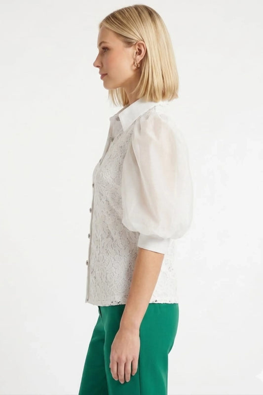 VIVID Ivory Lace Button-Down Top with Organza Puff Sleeves