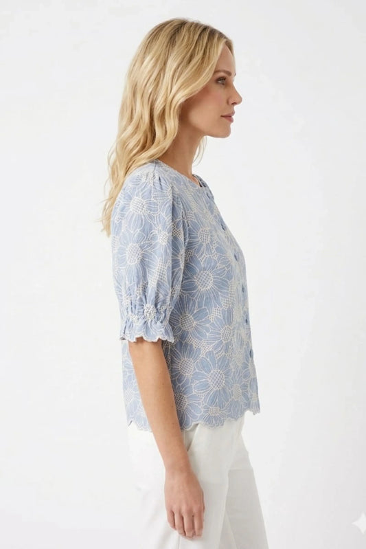 VIVID Blue Floral Embroidered Puff Sleeve Blouse