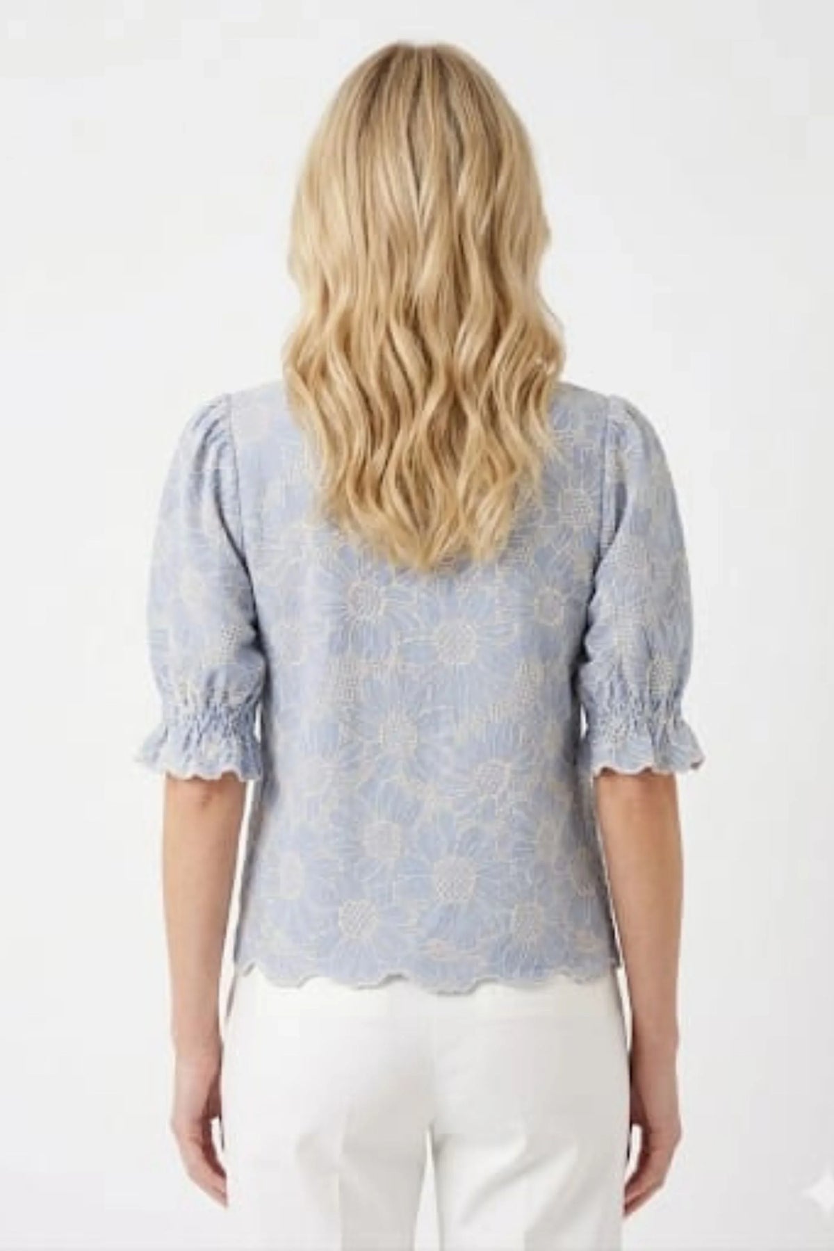 VIVID Blue Floral Embroidered Puff Sleeve Blouse