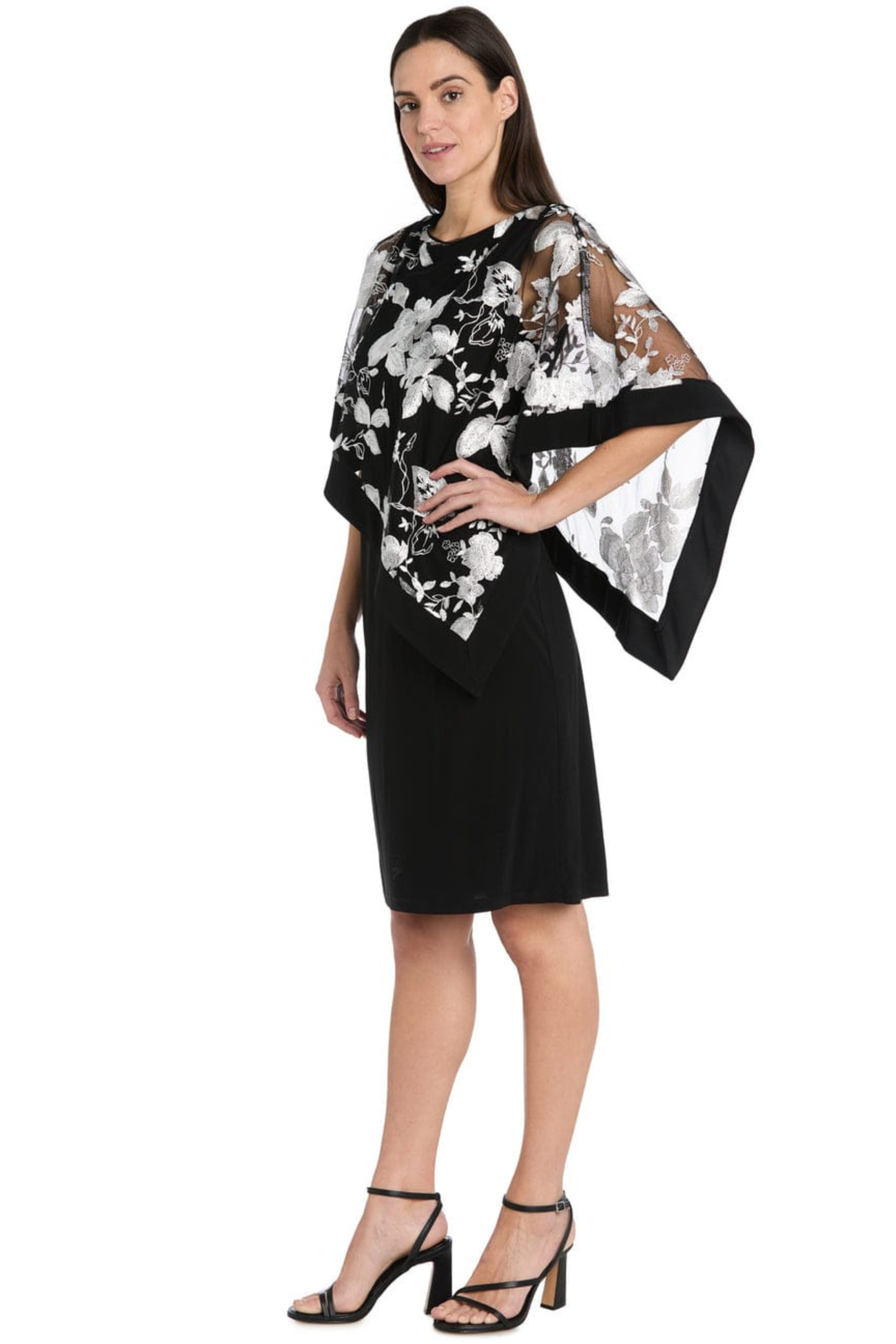 R&M Richards Floral Embroidered Poncho Cocktail Dress