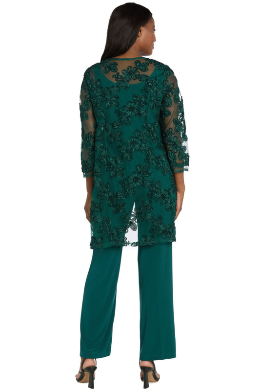 R&M Richards Embroidered Sequin Floral 3-Piece Duster Pantsuit