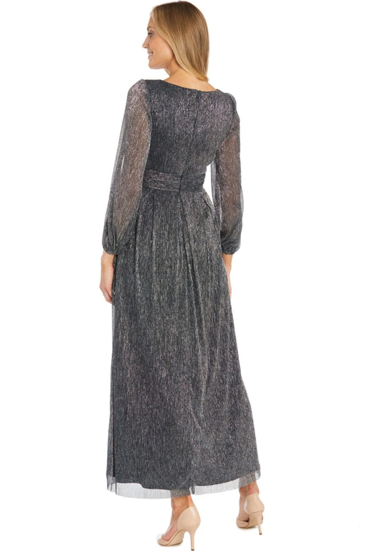 R&M Richards Metallic Shimmer Split-Sleeve Maxi Evening Dress