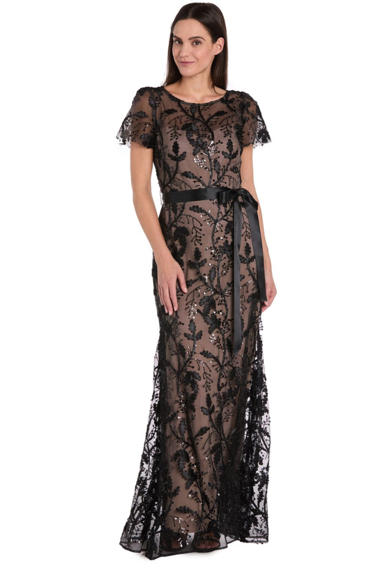 R&M Richards Black Nude Sequin Floral Ribbon-Tie Evening Dress