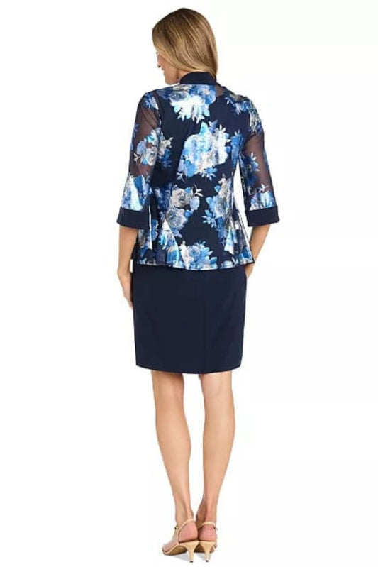 R&M Richards Navy Silver Floral Metallic Foil Jacket Dress