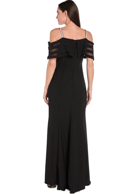 R&M Richards Black Rhinestone Strap Cold-Shoulder Illusion Mesh Gown