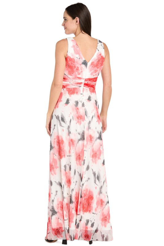 R&M Richards Corn Ivory Floral Print V-Neck Evening Gown
